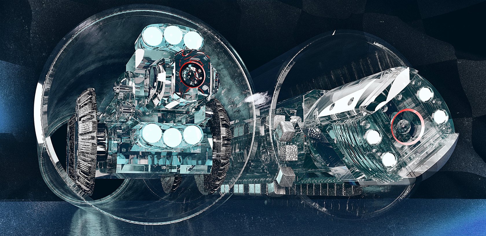 Two camera crawlers rendered in glass, running on TruGrit wheels