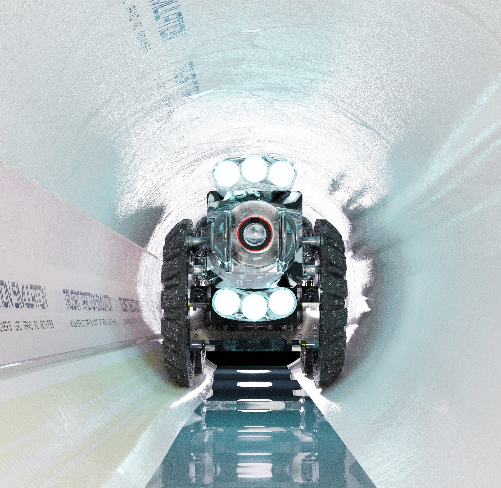 A camera crawler on TruGrit wheels driving through newly lined pipe