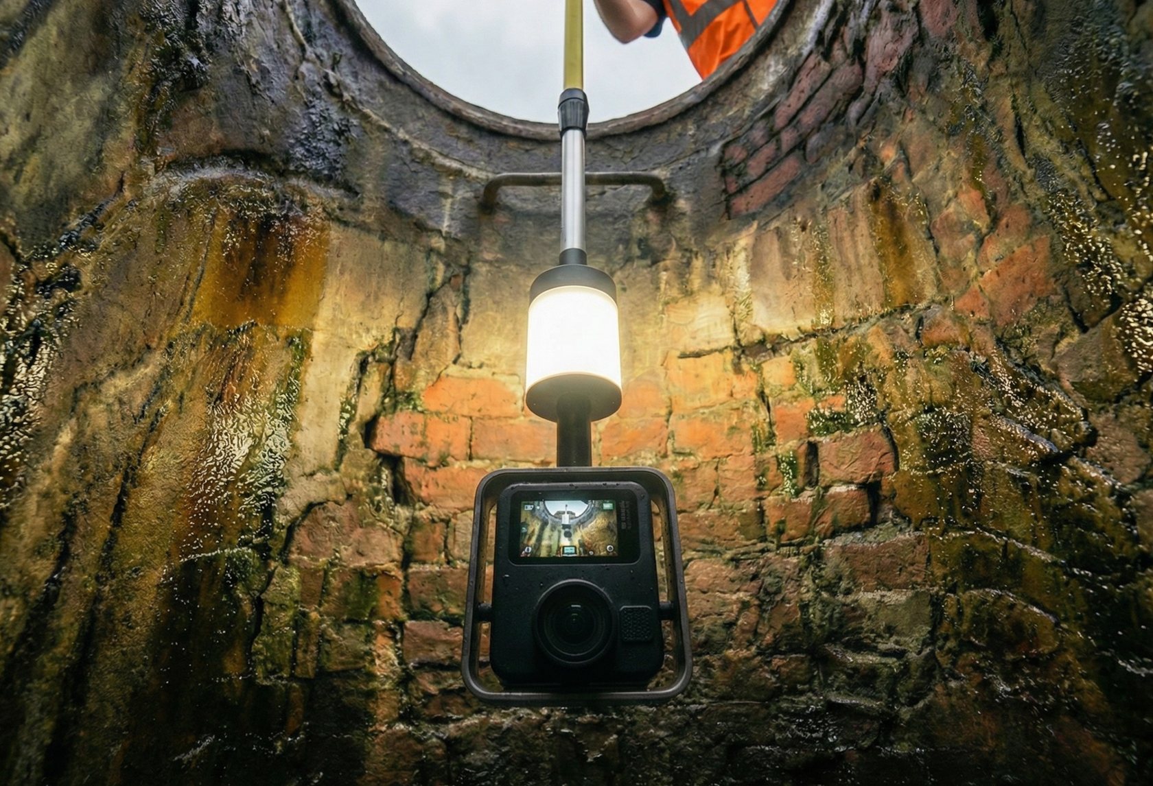 Manhole 8K camera lowered on a pole into a brick manhole